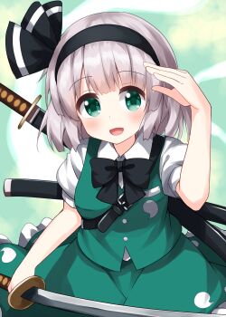 1girl arm_up belt black_belt black_bow black_bowtie black_hairband blush bow bowtie breasts collared_shirt commentary_request dress ghost green_background green_dress green_eyes grey_hair hairband hand_up highres katana konpaku_youmu konpaku_youmu_(ghost) looking_to_the_side medium_breasts one-hour_drawing_challenge open_mouth puffy_short_sleeves puffy_sleeves ruu_(tksymkw) shirt short_sleeves smile solo sword touhou weapon white_shirt yellow_background