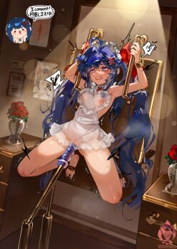 apron armpits bare_shoulders blue_eyes blue_hair blush bouquet breasts clenched_teeth commentary english_commentary flower full_body highres long_hair maid naked_apron nipples object_insertion original pussy restrained rolling_eyes saliva see-through_apron see-through_clothes small_breasts symbol-shaped_pupils tears teeth twintails vaginal vaginal_object_insertion very_long_hair x-shaped_pupils yeougui