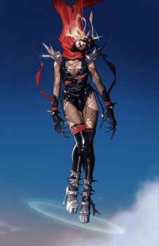 1girl armor black_gloves black_leotard black_lips black_sclera black_thighhighs blonde_hair blue_sky bodystocking breasts clawed_gloves cleavage cleavage_cutout clothing_cutout colored_sclera comic_cover commentary cover cover_page dark_persona english_commentary eye_trail fantastic_four fingernails fishnet_bodystocking fishnet_pantyhose fishnets floating floating_clothes floating_hair full_body gloves gradient_sky head_spikes head_tilt highres horror_(theme) jswayart latex latex_leotard latex_thighhighs leotard light_trail long_fingernails long_hair looking_at_viewer malice_(sue_storm) marvel mature_female medium_breasts official_alternate_costume official_art pantyhose pauldrons red_eyes red_scarf scarf shoes shoulder_armor sky solo spiked_pauldrons spiked_shoes spikes sue_storm textless_cover_page textless_version thighhighs torn_bodystocking torn_clothes torn_pantyhose