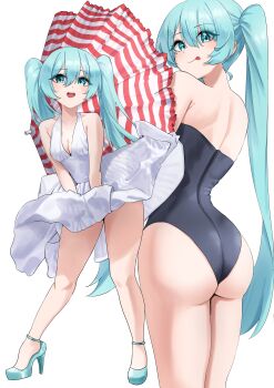 1girl :d :p absurdres alternate_costume amaama_(beccyonaika1) aqua_eyes aqua_hair armpit_crease ass back bare_shoulders black_leotard breasts cleavage closed_mouth clothes_lift commentary cosplay covering_crotch covering_privates cowboy_shot dress dress_lift dress_tug eyes_visible_through_hair from_behind full_body hair_between_eyes hatsune_miku high_heels highleg highleg_leotard highres legs leotard long_hair looking_at_viewer looking_back marilyn_monroe marilyn_monroe_(cosplay) multiple_views open_mouth simple_background sleeveless sleeveless_dress small_breasts smile standing sundress teeth thighs tongue tongue_out twintails upper_teeth_only v_arms very_long_hair vocaloid white_background white_dress wind wind_lift