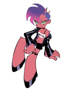 anarchy_symbol bandeau bare_shoulders bastard_(psg) bb_zatta black_jacket blue_hair bra_strap choker closed_mouth colored_skin commentary_request demon_girl demon_horns goth_fashion green_eyes high_heels highres horns jacket midriff multicolored_hair navel navel_piercing official_style panty_&amp;_stocking_with_garterbelt piercing pink_hair purple_hair red_skin short_hair shorts simple_background thighs white_background white_bandeau