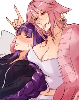 2girls animal_ears babylo669 black_hoodie braid breasts cardigan cleavage commentary earrings english_commentary fox_ears fox_shadow_puppet genshin_impact highres hood hoodie jewelry large_breasts lipstick_mark lipstick_mark_on_face lipstick_mark_on_neck long_hair mole mole_on_breast multiple_girls parted_lips pink_cardigan pink_hair purple_eyes purple_hair purple_nails raiden_shogun shirt simple_background single_braid white_background white_shirt yae_miko yuri