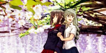 Rule 34 | 2girls, anchovy (girls und panzer), anzio school uniform, black jacket, black ribbon, blue skirt, breasts, brown eyes, brown hair, clenched teeth, closed mouth, commentary request, drill hair, floral background, girls und panzer, green eyes, hair between eyes, hair ribbon, hands on another's arm, happy, highres, hug, jacket, kuromorimine military uniform, large breasts, long hair, long sleeves, medium breasts, military, military jacket, military uniform, miniskirt, mizutamari mari, multiple girls, nishizumi maho, open mouth, parted lips, pleated skirt, red eyes, red shirt, red skirt, ribbon, school uniform, shirt, short hair, short sleeves, skirt, smile, teeth, tree, twin drills, twintails, white shirt