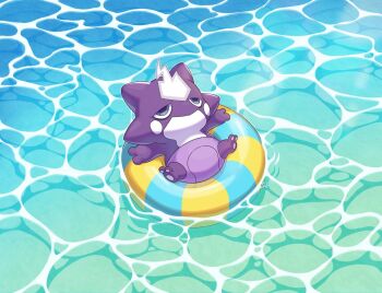 afloat closed_mouth commentary_request day from_above gen_8_pokemon grey_eyes hanamori_mito highres innertube lying nintendo no_humans on_back outdoors pokemon pokemon_(creature) solo swim_ring toxel