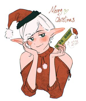 1girl arrow_(symbol) asimov_(spindle_(aidenr0)) black_eyes black_trim blush closed_mouth commentary drawstring elf english_commentary english_text fur-trimmed_headwear fur_trim hand_on_own_cheek hand_on_own_face hat heart highres holding light_smile looking_at_viewer merry_christmas mini_hat off-shoulder_sweater off_shoulder original pattern_request pointy_ears pom_pom_(clothes) ram_(computer) red_hat red_sweater santa_hat short_hair short_sleeves simple_background solo spindle_(aidenr0) sweater swept_bangs upper_body white_background white_hair