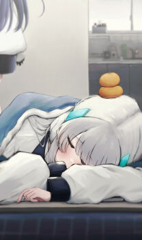 Rule 34 | 2girls, absurdres, blue archive, blurry, blurry background, blush, caff (aosui9), closed mouth, commentary request, food, food on head, fruit, grey hair, headgear, highres, indoors, jacket, long hair, long sleeves, mandarin orange, multiple girls, no halo on purpose, noa (blue archive), object on head, puffy long sleeves, puffy sleeves, purple eyes, sleeping, solo focus, under covers, white jacket, yuuka (blue archive)
