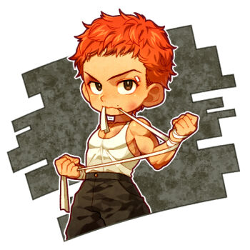 Rule 34 | 1boy, bandage in mouth, black pants, brown eyes, bruise, clenched hands, collarbone, grappler baki, hanma baki, injury, kiri futoshi, looking at viewer, male focus, mole, orange hair, pants, pectorals, shirt, short hair, solo, tank top, toned, toned male, white background, white shirt