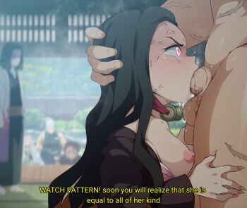 1girl 4boys angry black_hair black_kimono blurry blurry_background breasts commentary deepthroat english_text engrish_text fellatio forced hand_on_another's_head hetero highres irrumatio japanese_clothes kamado_nezuko kamado_tanjirou kimetsu_no_yaiba kimono long_hair looking_at_another medium_breasts multiple_boys multiple_girls nipples oral penis profile ranguage rape saliva scar shinazugawa_sanemi subtitled symbol-only_commentary testicles ubuyashiki_kagaya uncensored uroboros_(dhmv3484) uzui_tengen veins