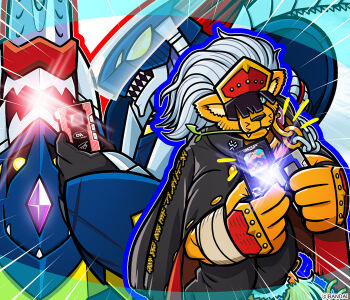 Rule 34 | 1boy, bancholeomon, black jacket, black pants, body fur, darkdramon, digimon, digimon (creature), dragon, fangs, grey hair, holding, jacket, jacket on shoulders, lion boy, male focus, official art, pants, sharp teeth, teeth, yellow fur