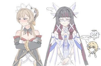 4girls angel_wings anya's_heh_face_(meme) arm_ribbon black_dress black_eyes black_hair black_hairband black_sleeves blonde_hair blue_eyes blush bow breasts brown_eyes closed_eyes closed_mouth columbina_(genshin_impact) commentary cowboy_shot crossed_arms crystal_hair detached_collar detached_sleeves dress english_commentary english_text eye_mask feather_hair_ornament feathered_wings feathers flower frills gem genshin_impact gloves gradient_hair grey_hair hair_bow hair_bun hair_flower hair_ornament hairband half-closed_eyes halo hand_on_own_chin head_wings hickey highres hime_cut implied_yuri jewelry long_hair long_sleeves looking_to_the_side lumine_(genshin_impact) mask mechanical_halo medal_(baowaannnn) medium_breasts meme multicolored_hair multiple_girls multiple_wings no_mouth off-shoulder_dress off_shoulder orange_bow paimon_(genshin_impact) pendant pink_hair red_gemstone ribbon sandrone_(genshin_impact) short_hair short_hair_with_long_locks sidelocks simple_background sleeveless sleeveless_dress smug speech_bubble standing strapless strapless_dress sweatdrop thought_bubble two-tone_dress v-shaped_eyebrows very_long_hair white_background white_bow white_dress white_flower white_gloves white_headdress white_mask wide_sleeves wing_collar wings x_hair_ornament