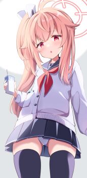 1girl absurdres acchii_(akina) ahoge arm_at_side black_sailor_collar black_skirt black_thighhighs blue_archive blush breasts bright_pupils cardigan chestnut_mouth commentary_request cowboy_shot drink drink_carton hair_between_eyes hair_ornament halo hand_up highres holding holding_drink holding_milk_carton loli long_hair looking_at_viewer milk_carton miniskirt natsu_(blue_archive) neckerchief open_mouth panties pantyshot pink_hair pink_halo pleated_skirt red_eyes red_neckerchief sailor_collar school_uniform serafuku side_ponytail sidelighting sidelocks skindentation skirt small_breasts solo thighhighs thighs underwear white_background white_cardigan white_panties white_pupils zettai_ryouiki