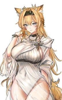 1girl absurdres animal_ears arknights black_hairband blonde_hair blush bracelet breasts bright_pupils brown_eyes casual_one-piece_swimsuit covered_navel cowboy_shot flower hair_flower hair_ornament hairband highres horn_(arknights) horn_(to_effloresce_whitely)_(arknights) jewelry large_breasts long_hair looking_at_viewer necklace official_alternate_costume one-piece_swimsuit parted_lips sakutein_oekaki see-through_clothes simple_background sketch solo swimsuit tail very_long_hair white_background white_flower white_one-piece_swimsuit wolf_ears wolf_girl wolf_tail