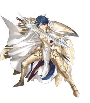 Rule 34 | 1boy, alfonse (fire emblem), alfonse (opening miracle) (fire emblem), arm shield, attack, blue eyes, cape, clenched teeth, fire emblem, fire emblem heroes, gold trim, gradient hair, highres, holding, holding sword, holding weapon, multicolored hair, nintendo, non-web source, official alternate costume, official art, pelvic curtain, shield, solo, sword, teeth, v-shaped eyebrows, weapon, white cape