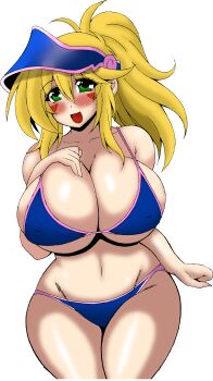 1girl absurdres bare_shoulders bikini blonde_hair blue_bikini blush breasts colorized covered_erect_nipples dark_magician_girl day duel_monster green_eyes hat highres huge_breasts large_breasts long_hair navel open_mouth oujano_kaze ponytail simple_background smile solo stomach swimsuit thick_thighs thighs third-party_edit tongue transparent_background yu-gi-oh! yu-gi-oh!_duel_monsters