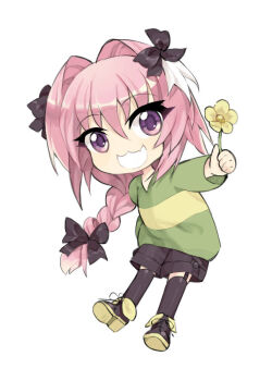 1boy :3 :d androgynous astolfo_(fate) aweto black_garter_straps black_shoes black_shorts braid chara_(undertale) chara_(undertale)_(cosplay) commentary cosplay deformed english_commentary eyelashes fate/apocrypha fate_(series) flower garter_straps hair_intakes male_focus multicolored_hair open_mouth purple_eyes shoes shorts simple_background single_braid single_horizontal_stripe smile solo streaked_hair undertale utdr_(toby_fox) white_background white_mouth yellow_flower