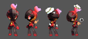 1other absurdres annoyed arms_at_sides black_headwear black_skin bottomless charcadet closed_eyes colored_skin eye_trail fiery_hair fire full_body gameplay_mechanics gen_2_pokemon grey_background half-closed_eyes helmet high_ponytail highres himurohiromu leaning_forward legs light_trail looking_at_viewer mareep multicolored_hair multicolored_skin multiple_views nintendo no_mouth objectification orange_skin other_focus pink_fire pink_hair pokemon pokemon_(creature) ponytail purple_fire purple_hair red_eyes red_hair red_shirt red_skin shirt short_hair simple_background sleeveless sleeveless_shirt soap_bubbles speech_bubble spoken_squiggle sponge squiggle standing u_u washing washing_hair yellow_pupils