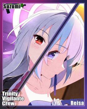 2girls alternate_costume black_jacket blue_archive blue_hair blush breasts character_name collarbone collared_shirt comiket_107 commentary_request cropped dress flower from_side furisuku_(gerbera) halo hands_up highres jacket lapels looking_at_viewer multicolored_hair multiple_girls necktie notched_lapels pink_hair purple_dress purple_eyes red_eyes red_necktie reisa_(blue_archive) shirt small_breasts strapless strapless_dress suit_jacket suzumi_(blue_archive) trinity_general_school_logo two-tone_hair tying_hair vigilante_crew_(blue_archive) white_flower white_hair white_shirt