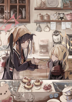 2girls :o ^_^ absurdres apron black_coat black_hair black_shirt blonde_hair blue_archive blush cherry closed_eyes closed_mouth coat commentary_request demon_girl demon_horns demon_tail feeding food fruit fuuka_(blue_archive) hair_on_horn halo headscarf highres holding holding_spoon horns ibuki_(blue_archive) indoors kitchen kogure0012 long_hair long_sleeves looking_at_another multiple_girls peroro_(blue_archive) red_eyes shelf shirt skullman_(blue_archive) sleeves_past_fingers sleeves_past_wrists smile spoon stuffed_animal stuffed_toy table tail teddy_bear white_apron yellow_halo yellow_headscarf