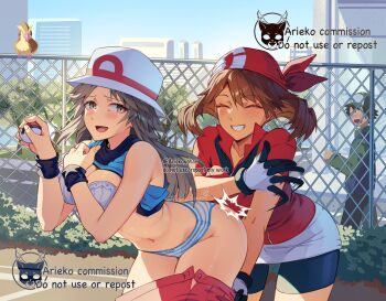 1boy 2girls ariekochan bike_shorts black_shorts blue_shirt bra breasts brown_eyes brown_hair bush chain-link_fence closed_mouth clothes_pull collared_shirt commentary day english_commentary faceless faceless_male fence gen_1_pokemon gloves highres holding holding_poke_ball imminent_spanking large_breasts leaf_(pokemon) leaning_forward looking_at_another may_(pokemon) multiple_girls nintendo open_mouth outdoors panties pants pants_pull pidgey poke_ball pokemon pokemon_(creature) pokemon_frlg pokemon_rse red_pants red_shirt shirt short_sleeves shorts smile standing underwear white_bra white_gloves white_panties yuri