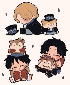 Rule 34 | 3boys, ascot, bead necklace, beads, black coat, black hair, black hat, black shoes, blue shirt, blush stickers, brothers, closed eyes, coat, collared shirt, commentary, denim, denim shorts, english commentary, facial scar, goggles, goggles on headwear, grey pants, hat, hat on back, highres, hug, jewelry, lapels, long sleeves, male focus, monkey d. luffy, multiple boys, necklace, notched lapels, on head, one piece, pants, parted bangs, portgas d. ace, red shirt, rii a, sabo (one piece), sandals, scar, scar across eye, scar on cheek, scar on face, shirt, shoes, short hair, shorts, shoulder tattoo, siblings, sitting, straw hat, stuffed animal, stuffed toy, tattoo, top hat, topless male, unworn hat, unworn headwear, white background, wing collar