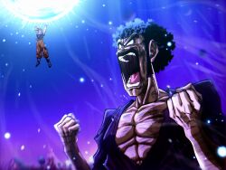 Rule 34 | 2boys, absurdres, afro, black eyes, black hair, blue shirt, blurry, blurry background, clenched hands, dragon ball, dragonball z, facial hair, genki dama, highres, mr. satan, multiple boys, muscular, muscular male, mustache, open mouth, orange pants, pants, powering up, screaming, shirt, solo focus, son goku, stmt tmtk, torn clothes, torn pants, torn shirt