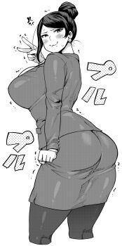 1girl anger_vein ass bad_id bad_pixiv_id bijin_onna_joushi_takizawa-san breasts bursting_breasts clenched_hand cowboy_shot cropped_legs false_smile female_focus formal_clothes greyscale hair_bun highres large_breasts long_hair looking_at_viewer mature_female mole mole_under_mouth monochrome pantyhose pencil_skirt simple_background single_hair_bun skirt smile solo suit synecdoche takizawa takizawa_kyouko trembling v white_background