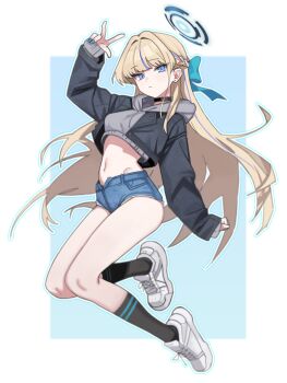 1girl absurdres alternate_costume arm_up black_choker black_jacket black_socks blonde_hair blue_archive blue_eyes blue_nails blue_shorts bow braid choker closed_mouth crop_top crop_top_overhang cropped_hoodie cropped_jacket denim denim_shorts expressionless full_body grey_hoodie hair_bow halo highres hip_bones hood hood_down hoodie jacket kneehighs leg_up long_hair long_sleeves looking_at_viewer micro_shorts midriff multicolored_hair nail_polish navel open_clothes open_fly open_jacket rehu_(astd5787) shoes short_shorts shorts sidelocks sneakers socks solo stomach streaked_hair thighs toki_(blue_archive) very_long_hair w white_shoes