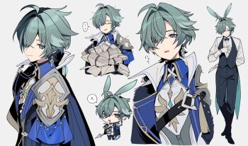 ... 1boy :d ^_^ ahoge animal_ears armor belt belt_collar black_belt black_boots black_bow black_gloves black_pants black_shoes black_vest blue_shirt boots bow buttons chibi choker closed_eyes coat collar collared_shirt earrings fake_animal_ears full_body genshin_impact gloves green_hair hair_between_eyes hair_intakes hair_over_one_eye hand_on_own_back hand_on_own_chest hidakarumen holding holding_behind_back holding_knife holding_knife_behind_back holding_paper holding_polearm holding_weapon holding_weapon_behind_back jewelry knife letter light_smile lohen_(genshin_impact) long_sleeves looking_to_the_side mail male_focus mole mole_under_eye multicolored_eyes open_mouth pants paper papers parted_lips polearm rabbit_ears serious shirt shoes short_hair shoulder_armor sideways_glance single_earring smile solo spear speech_bubble thigh_strap too_many_papers upper_body vest waistcoat weapon white_background white_gloves white_pants