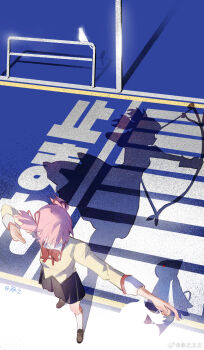 Rule 34 | 1girl, alien, arrow (projectile), artist name, bird, bow, bow (weapon), bowtie, cheng zhi (a chengzhi), chinese commentary, commentary request, creature, crosswalk, different reflection, drawing bow, floating hair, foreshortening, from above, hair ribbon, highres, holding, holding arrow, holding bow (weapon), holding weapon, juliet sleeves, kaname madoka, kaname madoka (magical girl), kneehighs, kyubey, loafers, long sleeves, mahou shoujo madoka magica, mahou shoujo madoka magica (anime), mitakihara school uniform, outdoors, pink hair, pleated skirt, puffy sleeves, red bow, red bowtie, reflection, ribbon, road, school uniform, shoes, short hair, short twintails, skirt, sleeve cuffs, socks, street, symbolism, translation request, twintails, watermark, weapon, weibo watermark