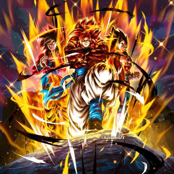3boys absurdres aura black_hair black_vest blue_pants body_fur brown_fur brown_tail cropped_vest dragon_ball dragon_ball_gt dragon_ball_legends full_body gogeta group_picture highres long_hair metamoran_vest multiple_boys muscular muscular_male no_shirt pants red_fur red_hair red_tail ricoxhetgfx son_goku spiked_hair super_saiyan super_saiyan_4 topless_male twitter_username vegeta vest white_pants yellow_pants
