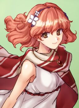 1girl bare_arms bare_shoulders cape curly_hair diadem dress fire_emblem fire_emblem_echoes:_shadows_of_valentia fire_emblem_heroes flower genny_(fire_emblem) genny_(picnic)_(fire_emblem) green_background hair_flower hair_ornament hazuki_(nyorosuke) jewelry lips looking_at_viewer necklace nintendo official_alternate_costume orange_eyes pink_hair short_hair simple_background sleeveless smile solo upper_body white_dress