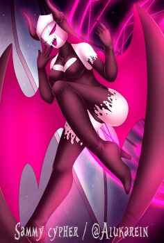 absurdres black_gloves black_leotard breasts clothing_cutout demon_horns friday_night_funkin&#039; gloves heart_cutout highres horns leotard medium_breasts non-web_source nun one_eye_closed sammy_cypher sarvente_(friday_night_funkin&#039;) thighhighs wings
