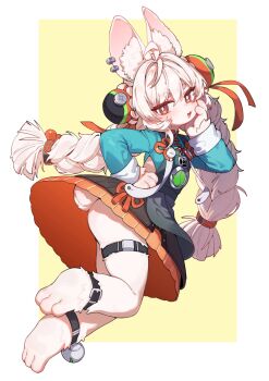 1girl animal_ear_fluff animal_ear_piercing animal_ears animal_feet barefoot black_dress blue_shirt braid dress furry furry_female hair_ornament hand_on_own_hip highres hufy long_hair long_sleeves looking_at_viewer open_mouth pinafore_dress rabbit_ears rabbit_girl rabbit_tail red_eyes shirt simple_background skirt sleeveless sleeveless_dress solo sphere_hair_ornament tail thick_eyebrows thigh_strap twin_braids yellow_background zenless_zone_zero zhao_(zenless_zone_zero)