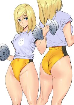 1girl adapted_costume alternate_costume ashiomi_masato ass blonde_hair blue_eyes cowboy_shot dumbbell exercising from_behind guilty_gear guilty_gear_xrd highleg highleg_leotard leotard looking_at_viewer millia_rage multiple_views no_pants shirt simple_background skindentation standing swept_bangs t-shirt thighs weightlifting weights white_background
