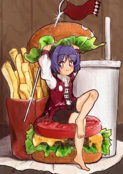 1girl absurdres barefoot black_shorts burger cheese cup disposable_cup drinking_straw eating food french_fries hangaku_th hashtag-only_commentary highres jacket letterman_jacket lettuce mini_person minigirl needle purple_eyes purple_hair short_hair shorts sukuna_shinmyoumaru tomato tomato_slice touhou