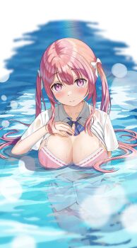 1girl absurdres blush bow bra breasts hair_bow highres large_breasts looking_at_viewer open_clothes original panties partially_submerged pink_bra pink_eyes pink_hair pink_panties see-through_clothes shirt smile solo sponge_rain twintails underwear wet wet_clothes white_bow white_shirt