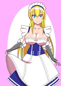 absurdres apron arm_guards azur_lane belfast_(azur_lane) belfast_(azur_lane)_(cosplay) blonde_hair blue_corset blue_eyes blue_skirt breasts cleavage commentary_request corset cosplay dress exexe frilled_gloves frills gloves highres horie_yui large_breasts long_hair looking_at_viewer maid maid_headdress north_carolina_(azur_lane) sidelocks skirt skirt_hold smile voice_actor_connection white_apron white_dress white_gloves