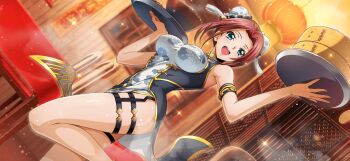 1girl armlet artist_request bamboo_steamer bare_shoulders bowl breasts bun_cover chair china_dress chinese_clothes code_geass code_geass:_lost_stories double_bun dress dutch_angle female_focus floral_print floral_print_dress folding_screen food forehead game_cg gold_trim hair_bun hair_intakes hands_up happy highres holding holding_food holding_tray indoors jewelry kouzuki_kallen lantern large_breasts leg_up legs looking_afar non-web_source official_art open_mouth paper_lantern print_dress red_hair restaurant shiny_skin short_hair side_slit sidelocks sleeveless sleeveless_dress smile solo sparkle standing standing_on_one_leg steam table tassel teeth thigh_strap thighs tray two-tone_dress waitress