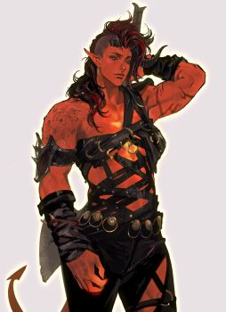 Rule 34 | 1girl, armor, axe, baldur's gate, baldur's gate 3, belt, black hair, cbb (tuucoo), colored skin, demon girl, demon horns, demon tail, dungeons & dragons, dungeons &amp; dragons, earrings, highres, holding behind back, holding weapon behind back, horns, jewelry, karlach, leather armor, long hair, multicolored hair, muscular, muscular female, red hair, red skin, solo, studs, tail, tiefling