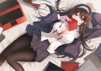 Rule 34 | 1girl, bison cangshu, black hair, black pantyhose, book, bra, breasts, cleavage, commentary request, computer, hairband, holding, holding book, kasumigaoka utaha, laptop, large breasts, long hair, looking at viewer, lying, miniskirt, on back, open clothes, open shirt, pantyhose, pleated skirt, red eyes, saenai heroine no sodatekata, school uniform, shirt, skirt, solo, underwear, very long hair, white bra, white hairband, white shirt