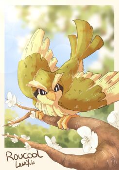 alternate_color artist_name beak bird blurry blurry_background branch brown_feathers depth_of_field feathers flower gen_1_pokemon highres lasrytronnelle nintendo no_humans pidgey pokemon pokemon_(creature) shiny_pokemon signature solo white_flower