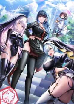 4girls arius_squad_(blue_archive) ass atsuko_(blue_archive) backpack bag black_cape black_leotard black_panties black_pantyhose black_shirt black_skirt black_thighhighs black_veil blue_archive blue_hair breasts brown_hair cape closed_mouth cosplay doodle_sensei_(blue_archive) grey_jacket hair_between_eyes halo highres hiyori_(blue_archive) jacket justina_follower_(blue_archive) justina_follower_(blue_archive)_(cosplay) leotard long_hair looking_at_viewer medium_breasts medium_hair midriff misaki_(blue_archive) moleshi multiple_girls navel neckerchief necktie open_mouth panties pantyhose red_necktie saori_(blue_archive) school_uniform sensei_(blue_archive) shirt short_hair skirt thighhighs underwear v veil white_thighhighs yellow_neckerchief