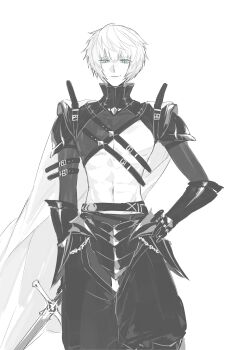 Rule 34 | 1boy, abs, armor, belt, blue eyes, chest harness, cowboy shot, fate/grand order, fate (series), greyscale, hand on own hip, harness, highres, holding, holding sword, holding weapon, looking at viewer, male focus, monochrome, multiple belts, navel, psp41, roland (fate), short hair, shrug (clothing), simple background, smile, solo, spot color, sword, weapon, white background