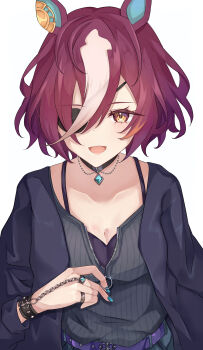 1girl absurdres animal_ears black_jacket breasts brown_background brown_eyes camisole cleavage collarbone commentary_request ear_ornament eyepatch grey_camisole grey_hair hair_over_one_eye highres horse_ears jacket jewelry long_sleeves multicolored_hair off_shoulder open_clothes open_jacket open_mouth pitsugi purple_hair ring small_breasts smile solo tanino_gimlet_(casual)_(umamusume) tanino_gimlet_(umamusume) two-tone_hair umamusume upper_body