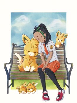 1girl absurdres bench black_hair black_pantyhose closed_eyes closed_mouth collared_shirt commentary_request conachun evolutionary_line green_hair highres necktie nemona_(pokemon) nintendo orange_necktie orange_shorts outdoors pantyhose pawmi pawmo pawmot pokemon pokemon_(creature) pokemon_sv ponytail red_shoes shirt shoes shorts sitting sky smile white_shirt