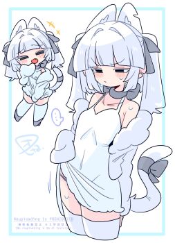 +++ ... 1boy :/ animal_ear_fluff animal_ears bare_shoulders blunt_bangs blush bow cardigan cat_boy cat_ears cat_tail chibi clothes_lift collar collarbone commentary covered_navel covering_crotch covering_privates cowboy_shot crossdressing crossdressing_(mtf) dress eve_(op_na_yarou) expressionless extra_ears fang full_body grey_bow grey_collar grey_eyes grey_shoes hair_bow hair_intakes hand_up high_heels highres jitome long_sleeves looking_at_viewer male_focus medium_hair mole mole_under_eye multiple_views narrowed_eyes no_nose notched_ear off_shoulder op_na_yarou open_cardigan open_clothes open_mouth original panties raised_inner_eyebrows shoes short_dress sidelocks simple_background sleeves_past_fingers sleeves_past_wrists spoken_ellipsis standing tail tail_bow tail_ornament thighhighs thighs trap two_side_up underwear v-shaped_eyebrows watermark white_background white_cardigan white_dress white_hair white_panties white_thighhighs