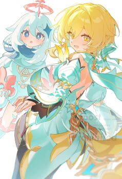 2girls :d :o absurdres backless_dress backless_outfit blonde_hair blue_eyes commentary_request detached_sleeves dress genshin_impact gold_trim hair_between_eyes hair_ornament halo highres looking_at_viewer lumine_(as_heaven_and_earth_are_made_anew)_(genshin_impact) lumine_(genshin_impact) mochimiya_(coyo) multiple_girls open_mouth paimon_(genshin_impact) pink_halo smile watermark white_background white_dress white_hair yellow_eyes