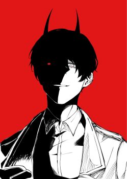 1boy black_hair coat collared_shirt commentary constricted_pupils demon_horns evil_grin evil_smile glowing glowing_eyes grin highres horns kim_dokja limited_palette looking_at_viewer male_focus naasmcuti2217 omniscient_reader&#039;s_viewpoint open_clothes open_coat partially_shaded_face popped_collar red_background red_eyes shirt short_hair simple_background smile solo symbol-only_commentary upper_body white_coat white_shirt