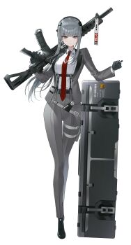 1girl absurdres assault_rifle black_survival eternal_return:_black_survival formal_clothes full_body grey_eyes grey_hair grey_suit gun haze_(black_survival) highres holding holding_gun holding_weapon long_hair pinpinkungya rifle simple_background solo suit weapon white_background