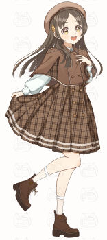 1girl absurdres amashi_2278 beret blunt_ends brown_cape brown_dress brown_hair brown_hat brown_shoes buttons cape commentary_request double-breasted dress full_body gakuen_idolmaster hat highres idolmaster kuramoto_china long_hair parted_lips plaid_clothes plaid_dress platform_shoes pleated_dress shoes simple_background skirt_hold socks solo standing standing_on_one_leg straight_hair teeth upper_teeth_only very_long_hair white_background white_socks